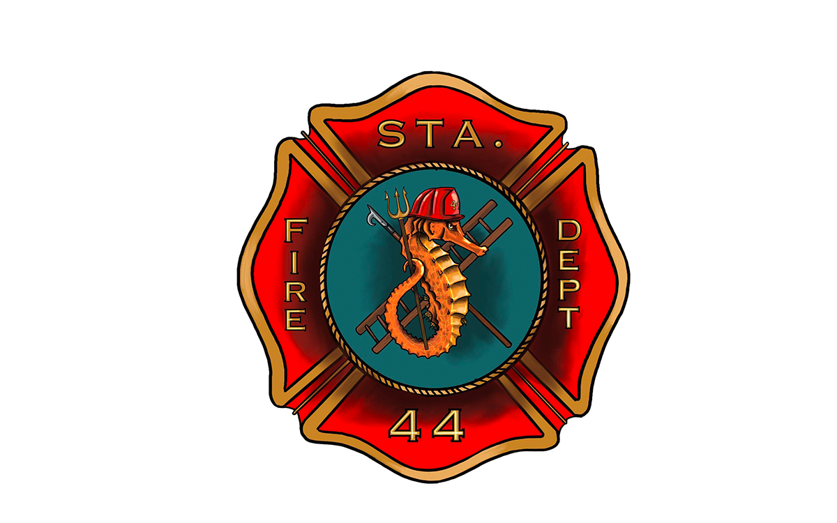 Emblem of Station 44 Fire Department featuring a seahorse wearing a helmet, holding a trident and axe, set against a circular blue background, framed by a red Maltese cross with gold accents.